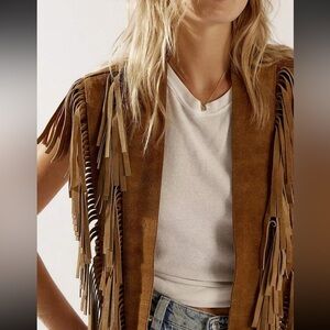 Western Camel Brown Faux Suede Fringe Collar Vest New Cowgirl Costume Halloween